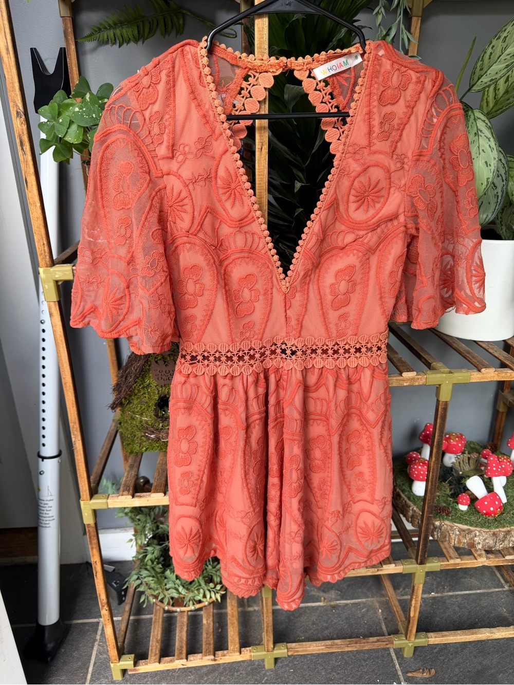 Women's Coral Lace Romper with Crochet Waist in Rust